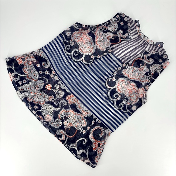 Cabi Peplum Blouse #5349, Mixed Print Semi-Transparent V-Neck Sleeveless Top, XS - Picture 3 of 16